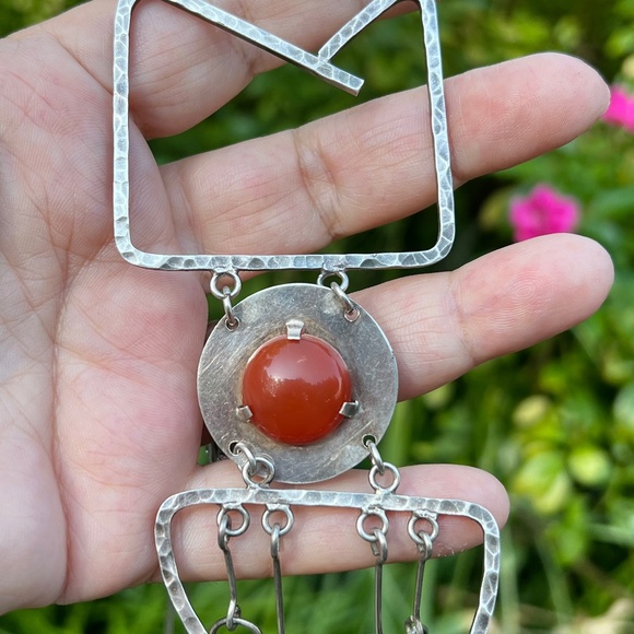 VINTAGE MADE IN ISRAEL MODERNIST CARNELIAN CABOCHON STATEMENT NECKLACE 925 SS